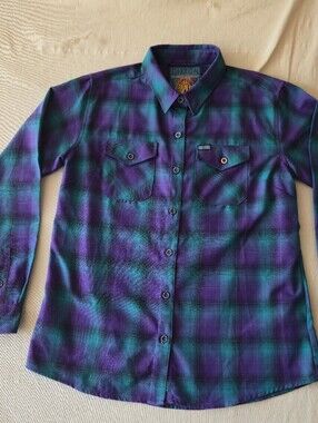 Dixxon Captain Autism Purple and Teal Plaid Flannel Shirt Size Large
